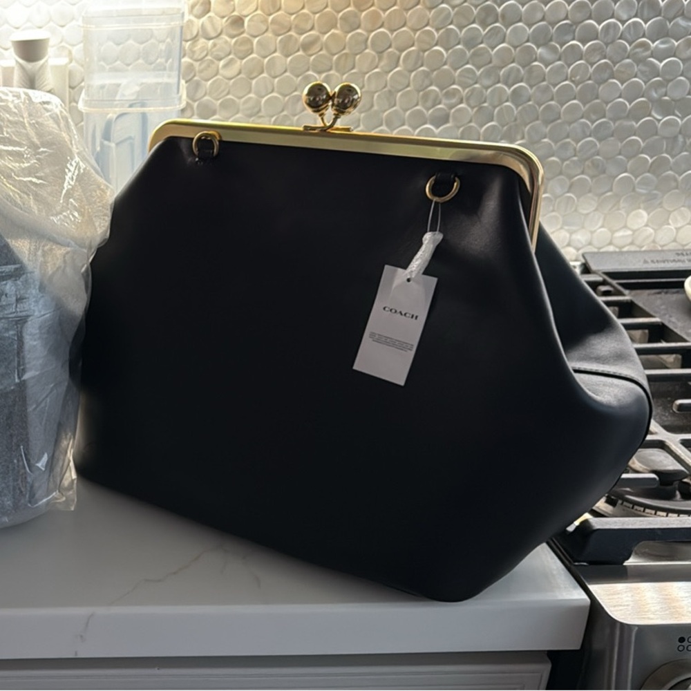 Coach Large Kiss Lock Black and Gold Bag